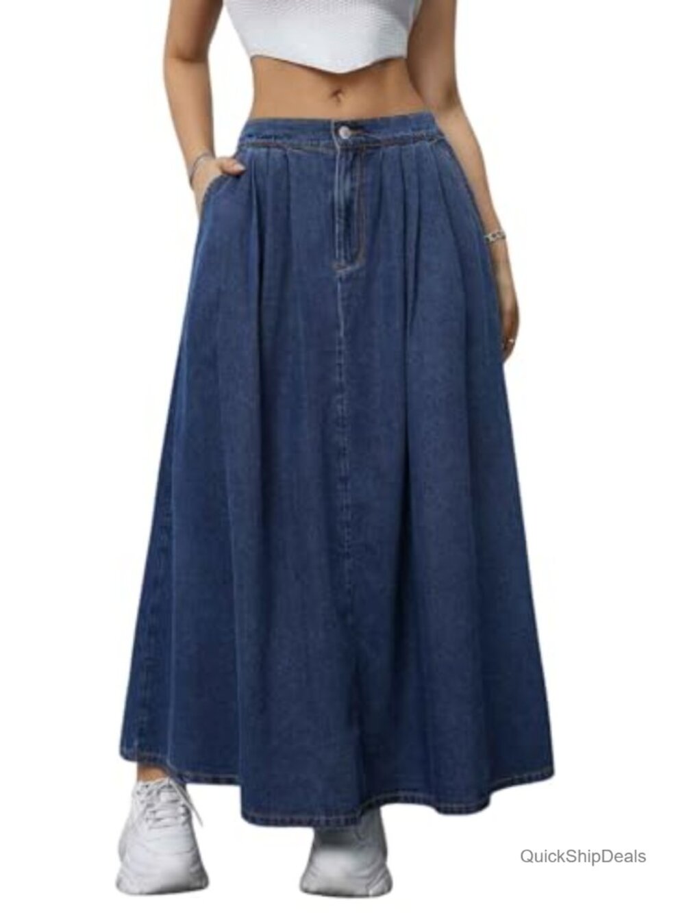 Casual Pleated Back-Elastic Waist A-line Flowy Maxi Denim Skirt with Pockets